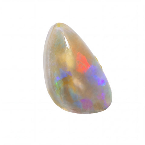 A teardrop-shaped loose opal gemstone with a smooth polished surface, displaying a mix of cream, gold, and vibrant iridescent flashes of blue, purple, red, and green on a solid white background.