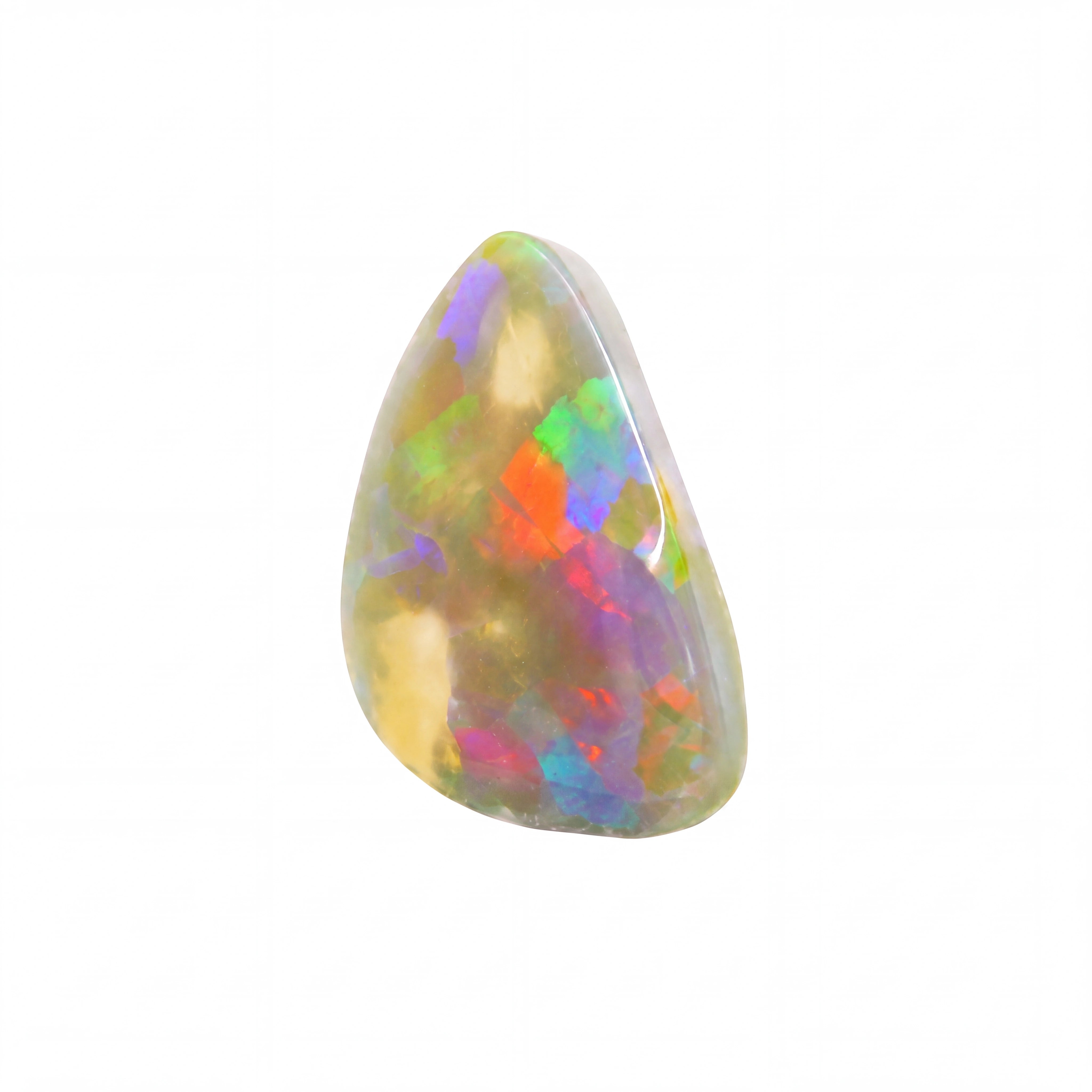 A teardrop-shaped loose opal gemstone displaying a vibrant play-of-colour with flashes of orange, green, blue, purple, and yellow on a white background.