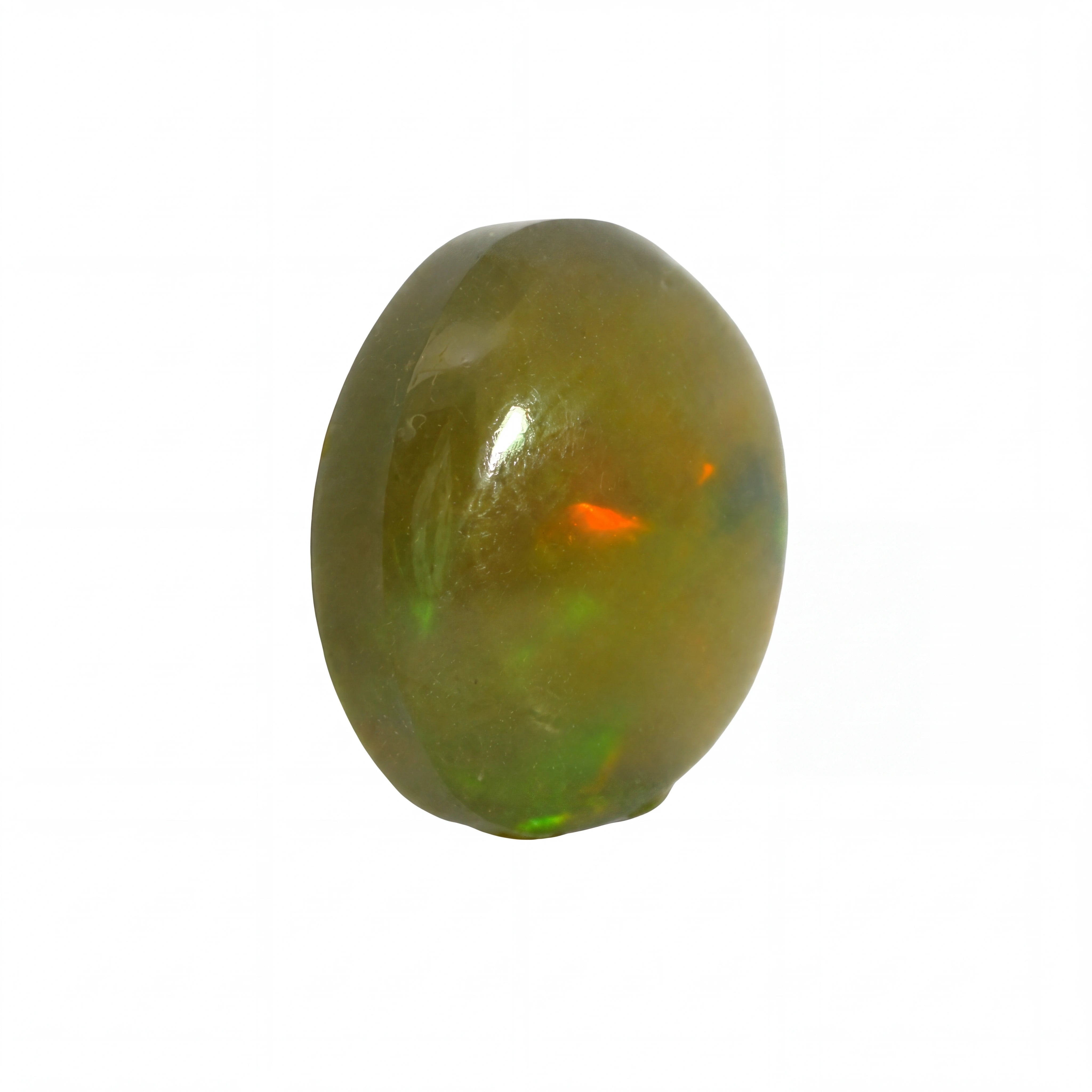 A polished oval cabochon gemstone with a translucent olive-green body and vibrant flashes of orange and green iridescence, set against a plain white background.