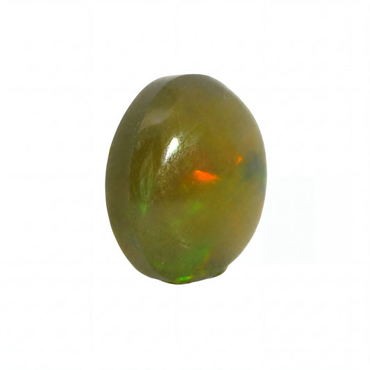 A polished oval cabochon gemstone with a translucent olive-green body and vibrant flashes of orange and green iridescence, set against a plain white background.