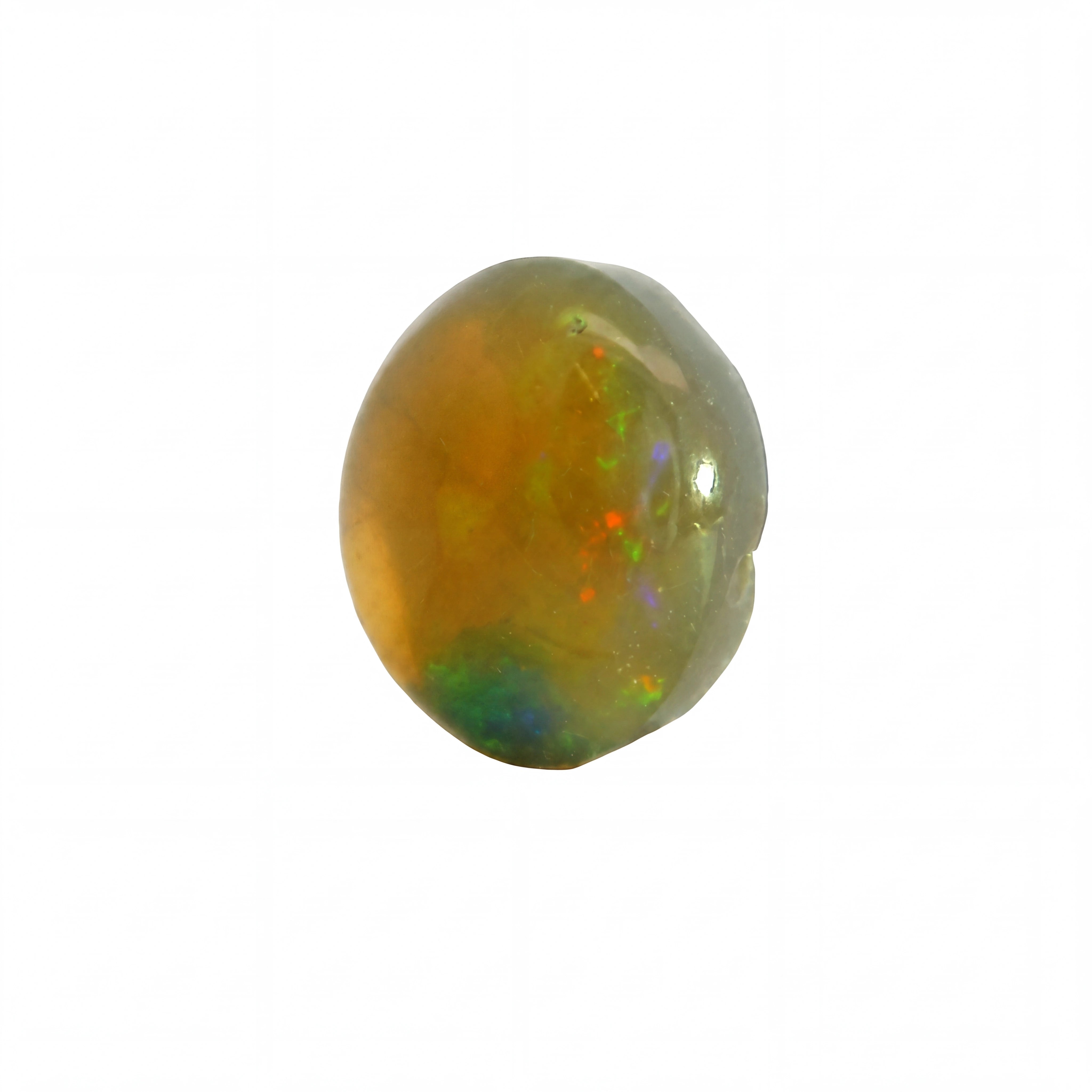 A single polished oval cabochon gemstone with a warm amber-brown base and iridescent flashes of green, blue, orange, and purple, shown on a plain white background.