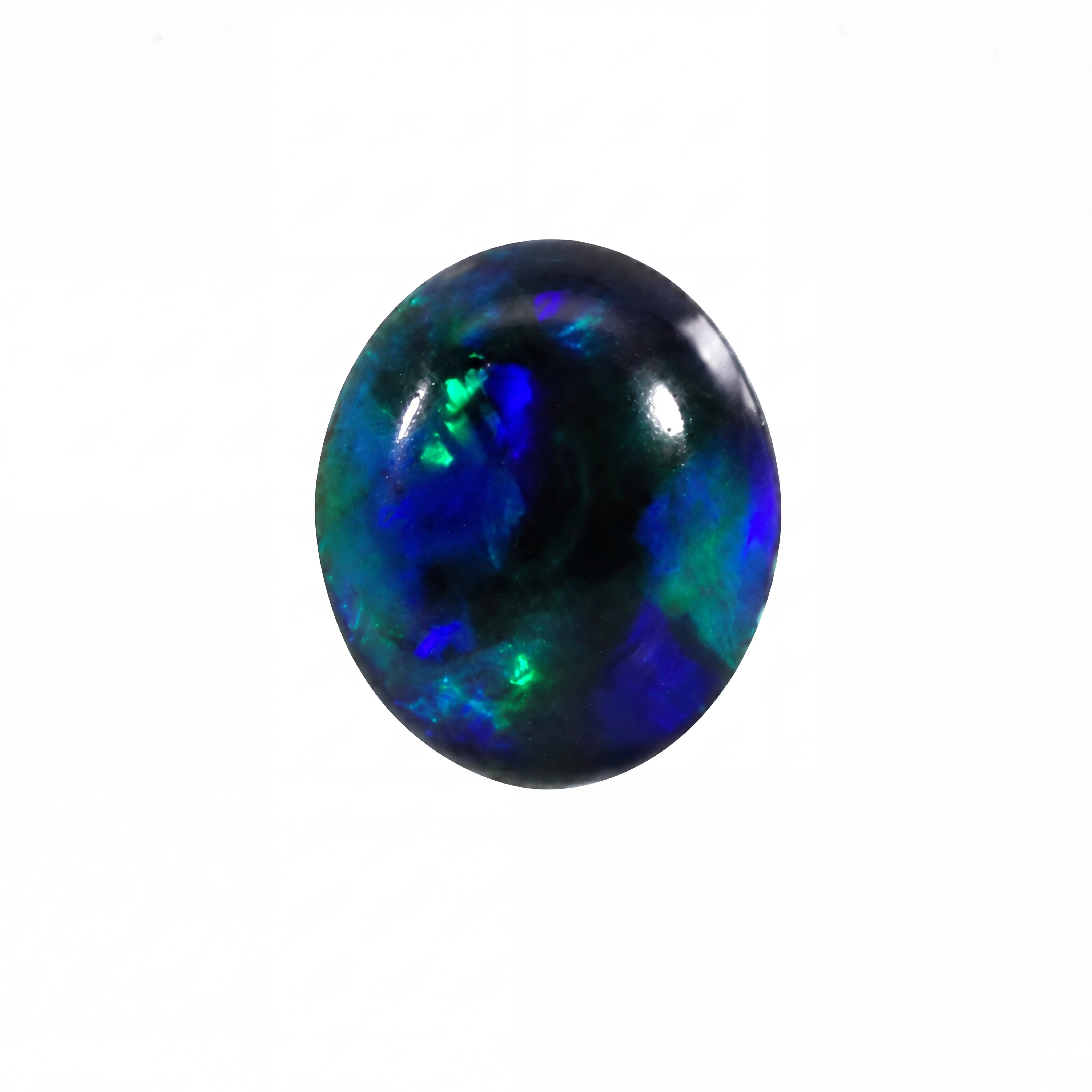A single oval cabochon gemstone with a vibrant play-of-colour pattern featuring deep blue, green, and black, set against a plain white background.