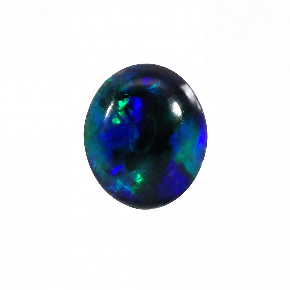 A single oval cabochon gemstone with a vibrant play-of-colour pattern featuring deep blue, green, and black, set against a plain white background.