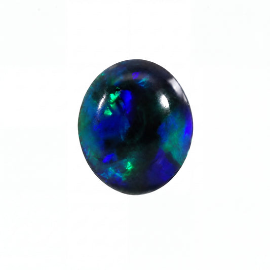 A single oval cabochon gemstone with a vibrant play-of-colour pattern featuring deep blue, green, and black, set against a plain white background.