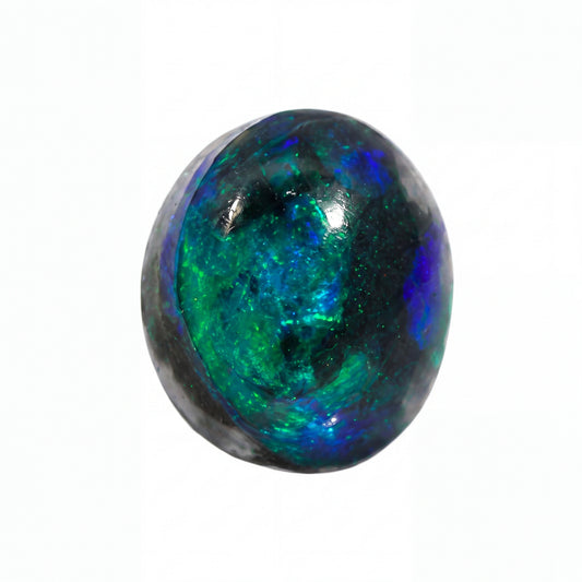 A polished oval cabochon gemstone featuring vibrant iridescent play-of-colour with green, blue, and purple hues over a dark base, set against a plain white background.