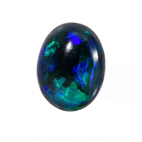 A polished oval cabochon gemstone featuring vibrant iridescent play-of-colour with blue, green, and purple hues on a white background.
