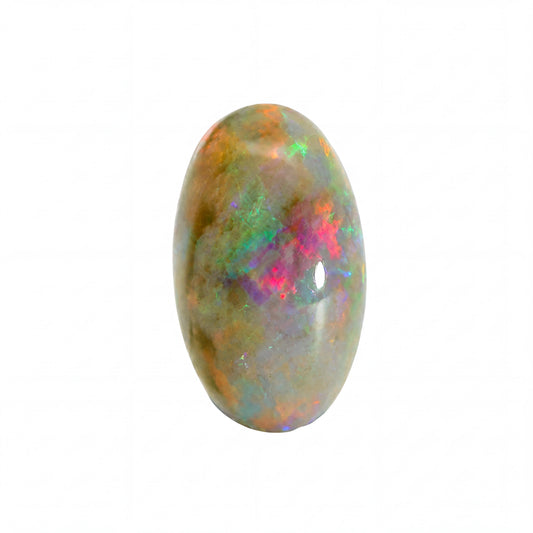 A polished oval cabochon opal gemstone displaying a play-of-colour with green, pink, orange, and blue flashes on a neutral beige-brown base, isolated on a white background.