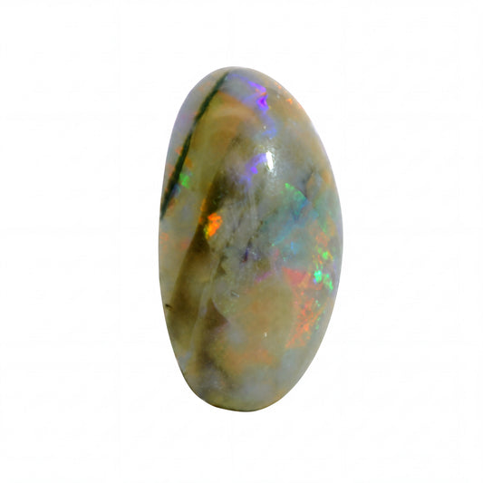 A polished oval cabochon opal gemstone displaying a play-of-colour with flashes of orange, green, blue, and purple over a beige and grey base, set against a plain white background.