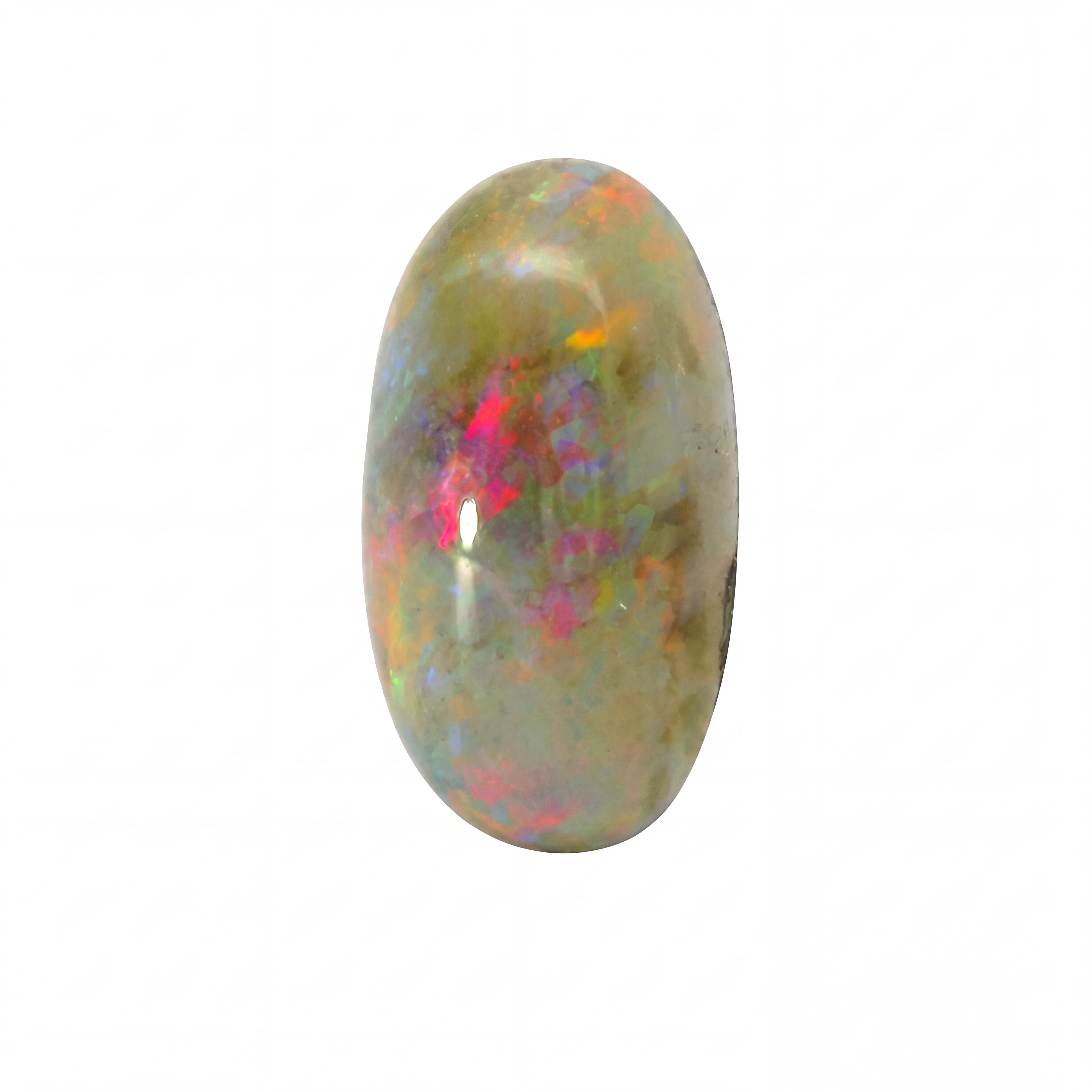 A polished oval cabochon gemstone with a mottled iridescent coloration, featuring a dominant olive-green base with vibrant flashes of pink, orange, and blue, set against a plain white background.