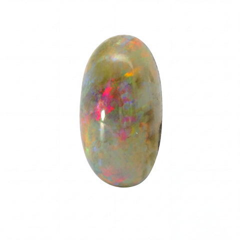 A polished oval cabochon gemstone with a mottled iridescent coloration, featuring a dominant olive-green base with vibrant flashes of pink, orange, and blue, set against a plain white background.