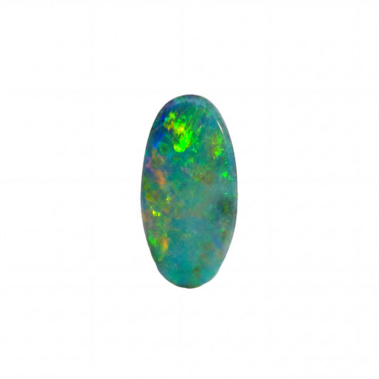 A polished oval cabochon opal gemstone displaying vibrant iridescent colours of green, blue, and orange on a solid white background.