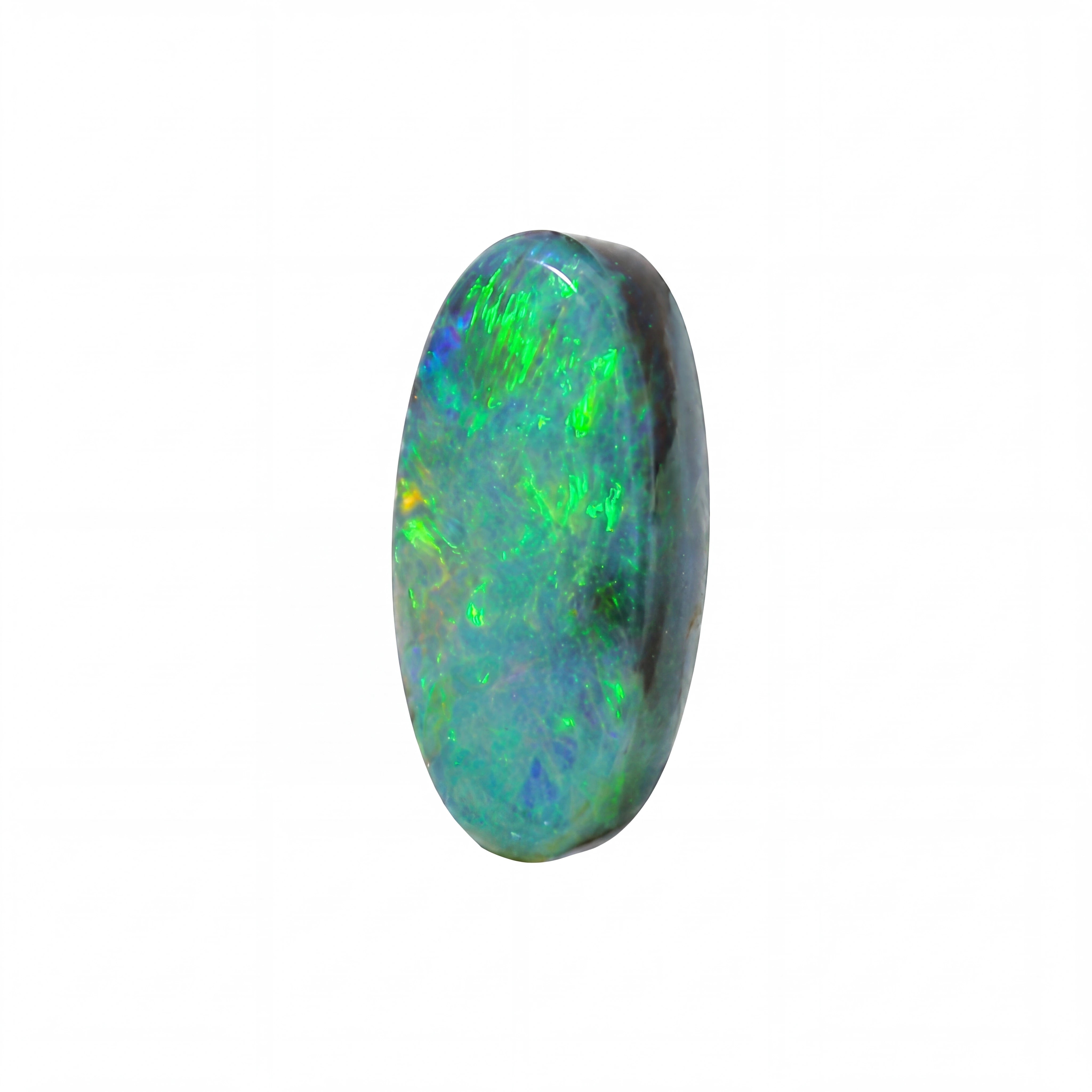 A single oval cabochon opal gemstone with vibrant green, blue, and orange flashes, displayed on a clean white background.
