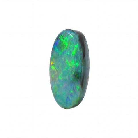 A single oval cabochon opal gemstone with vibrant green, blue, and orange flashes, displayed on a clean white background.