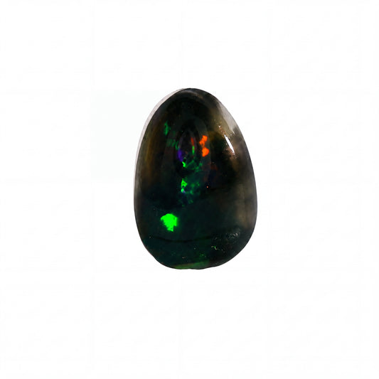A polished black opal gemstone with vibrant flashes of green, orange, and purple, centred on a plain white background.