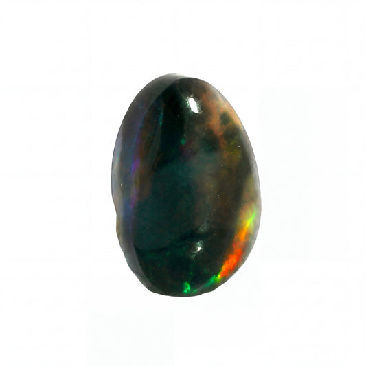 A polished black opal gemstone cabochon with vibrant iridescent flashes of green, orange, and purple, shown on a plain white background.