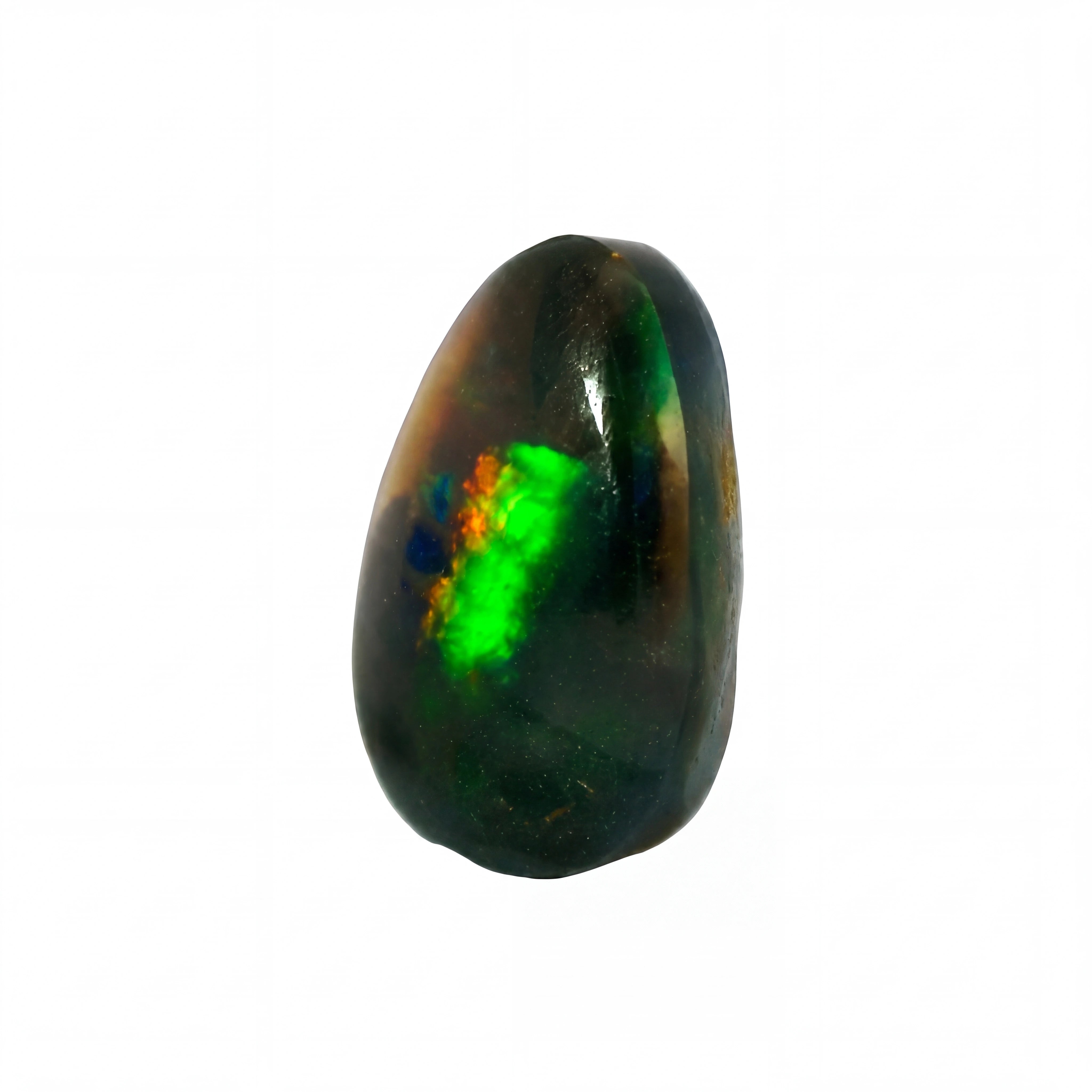 A polished teardrop-shaped black opal gemstone featuring a vibrant green, orange, and blue play-of-colour, set against a plain white background.