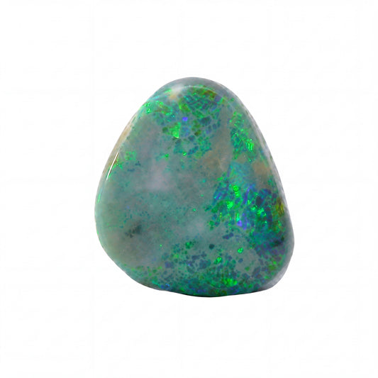 A polished tumbled opal stone with vibrant green, blue, and grey iridescent play-of-colour, isolated on a solid white background.
