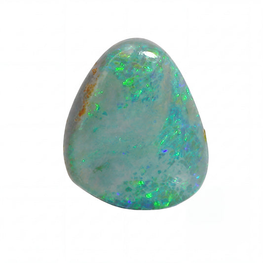 A polished teardrop-shaped opal gemstone with a smooth, glossy finish, displaying a mix of light blue, green, and iridescent flashes of colour on a solid white background.