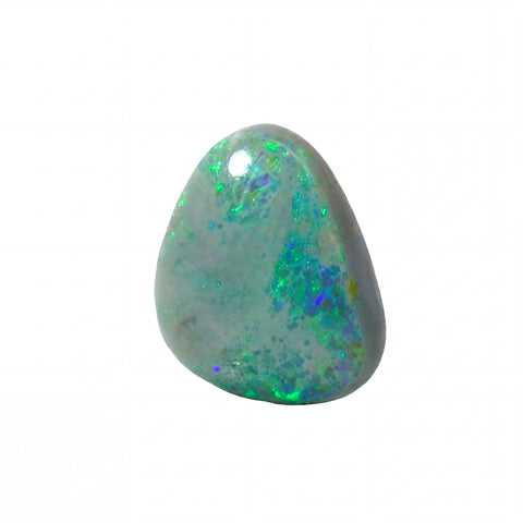 A polished teardrop-shaped opal stone with vibrant green, blue, and orange flashes on a pale grey base, set against a plain white background.
