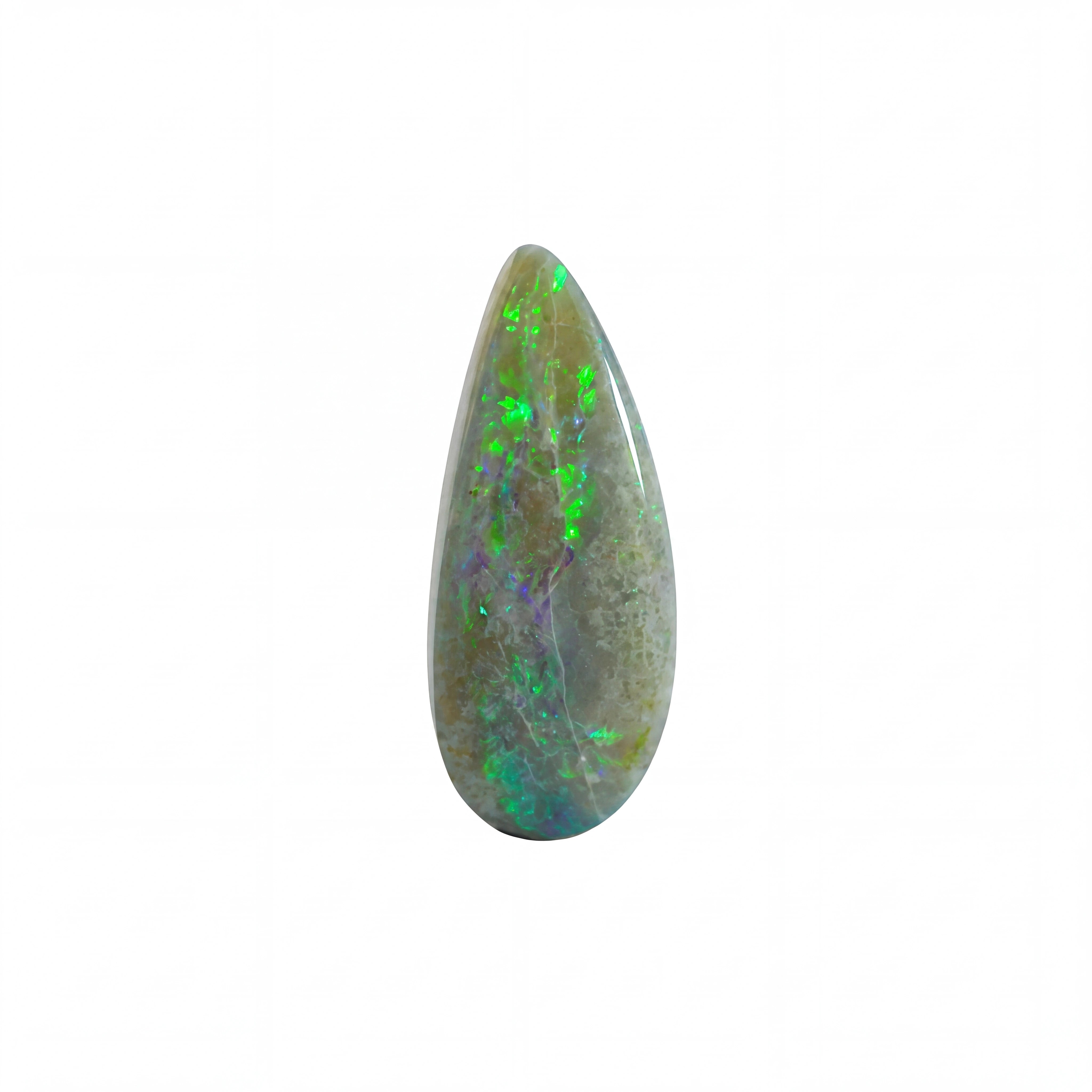 A teardrop-shaped polished opal gemstone with vibrant green, blue, and purple flashes over a grey-brown base, centred on a plain white background.