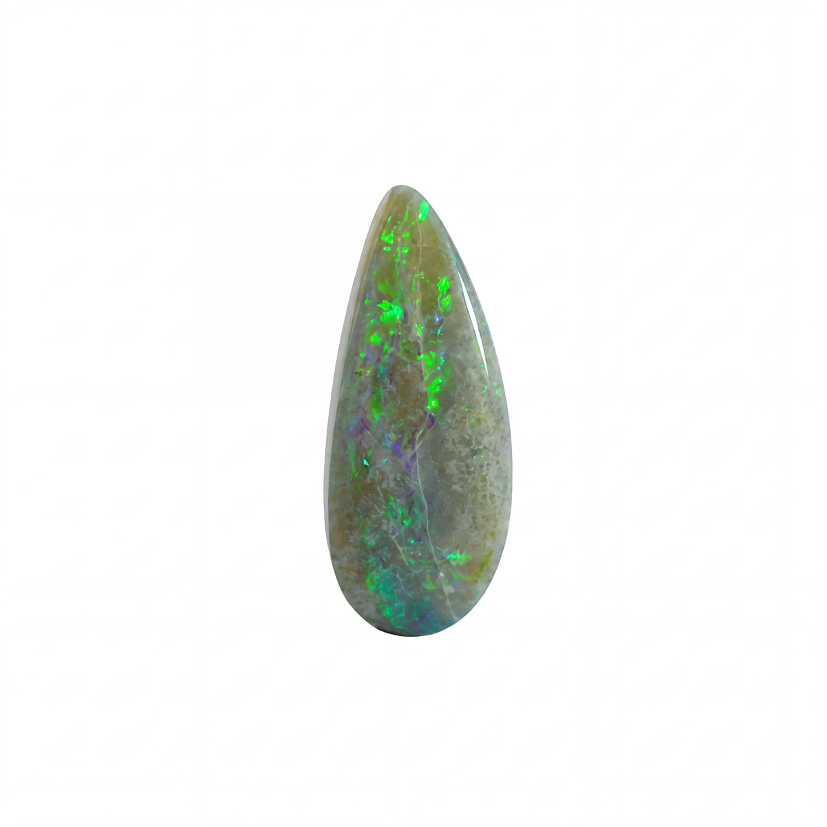 A teardrop-shaped polished opal gemstone with vibrant green, blue, and purple flashes over a grey-brown base, centred on a plain white background.