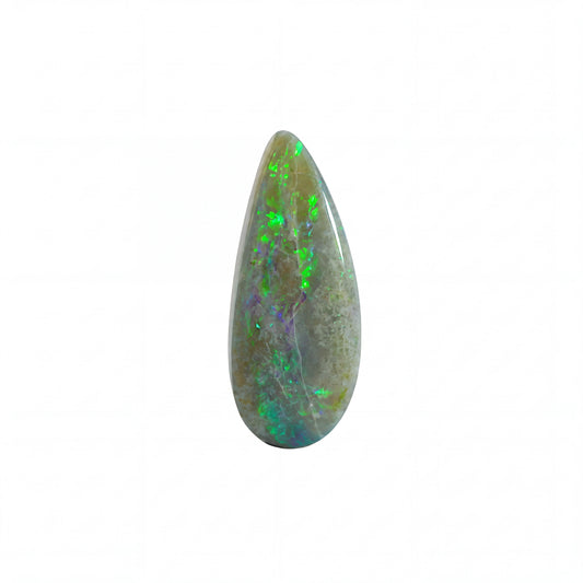 A teardrop-shaped polished opal gemstone with vibrant green, blue, and purple flashes over a grey-brown base, centred on a plain white background.