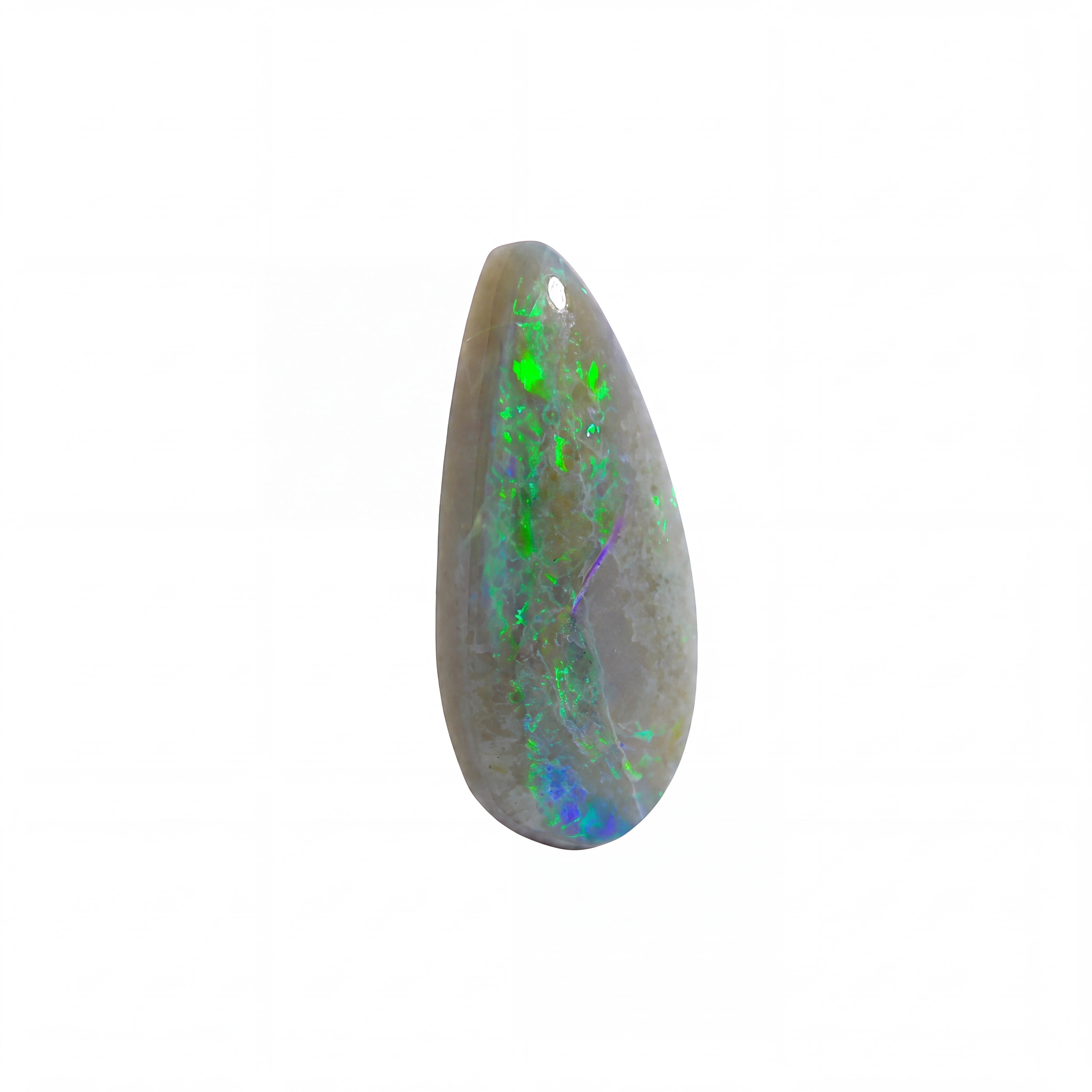 A teardrop-shaped natural opal gemstone cabochon with vibrant green, blue, and purple flashes on a muted greyish-brown base, shown on a plain white background.