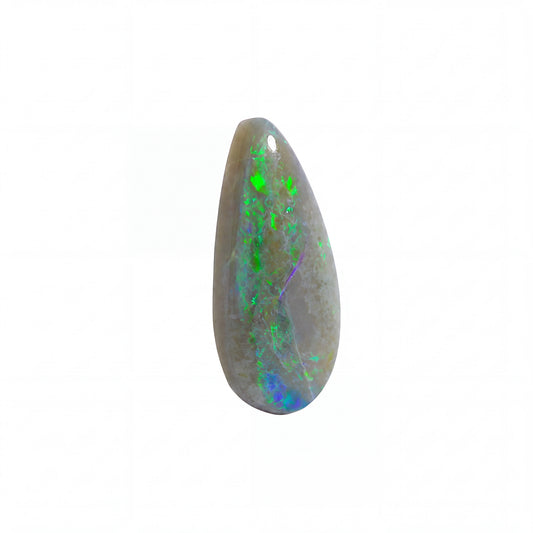 A teardrop-shaped natural opal gemstone cabochon with vibrant green, blue, and purple flashes on a muted greyish-brown base, shown on a plain white background.