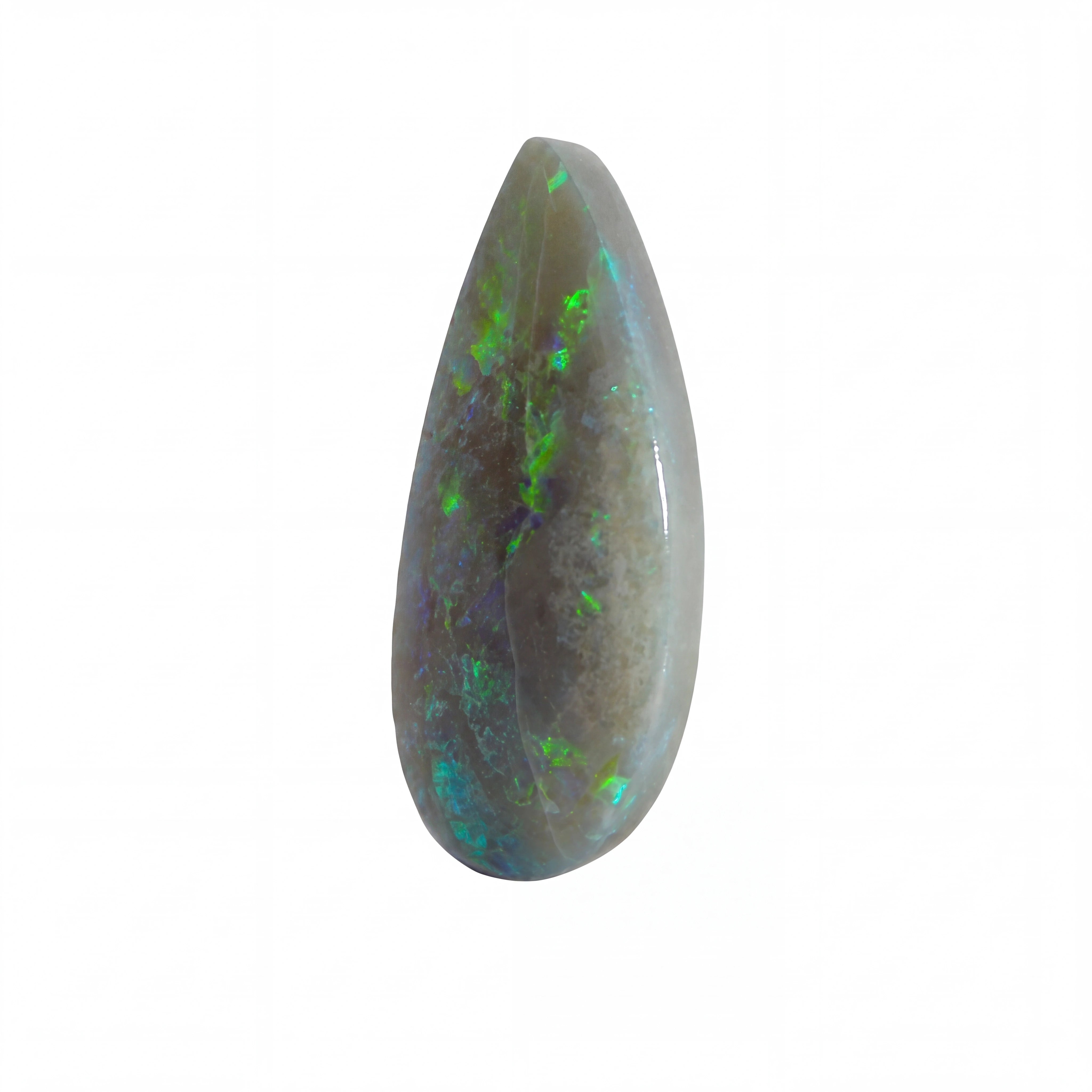 A teardrop-shaped polished opal gemstone with a grey-brown base and vibrant flashes of green, blue, and orange, shown on a plain white background.