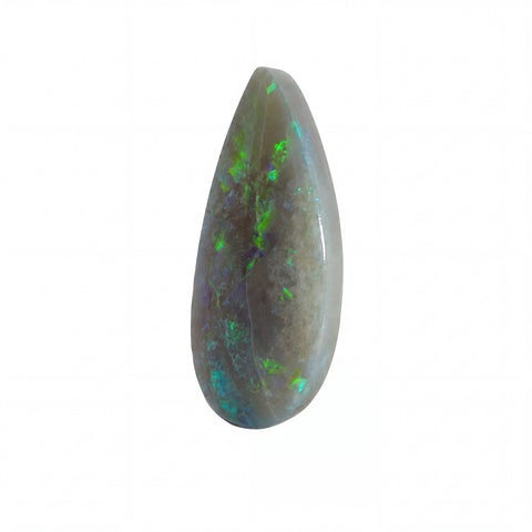 A teardrop-shaped polished opal gemstone with a grey-brown base and vibrant flashes of green, blue, and orange, shown on a plain white background.