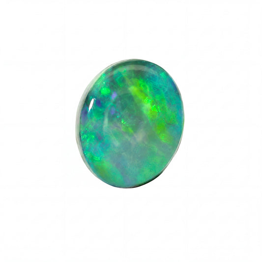 A single oval cabochon gemstone with a vibrant play-of-colour pattern featuring green, blue, and purple hues, set against a plain white background.