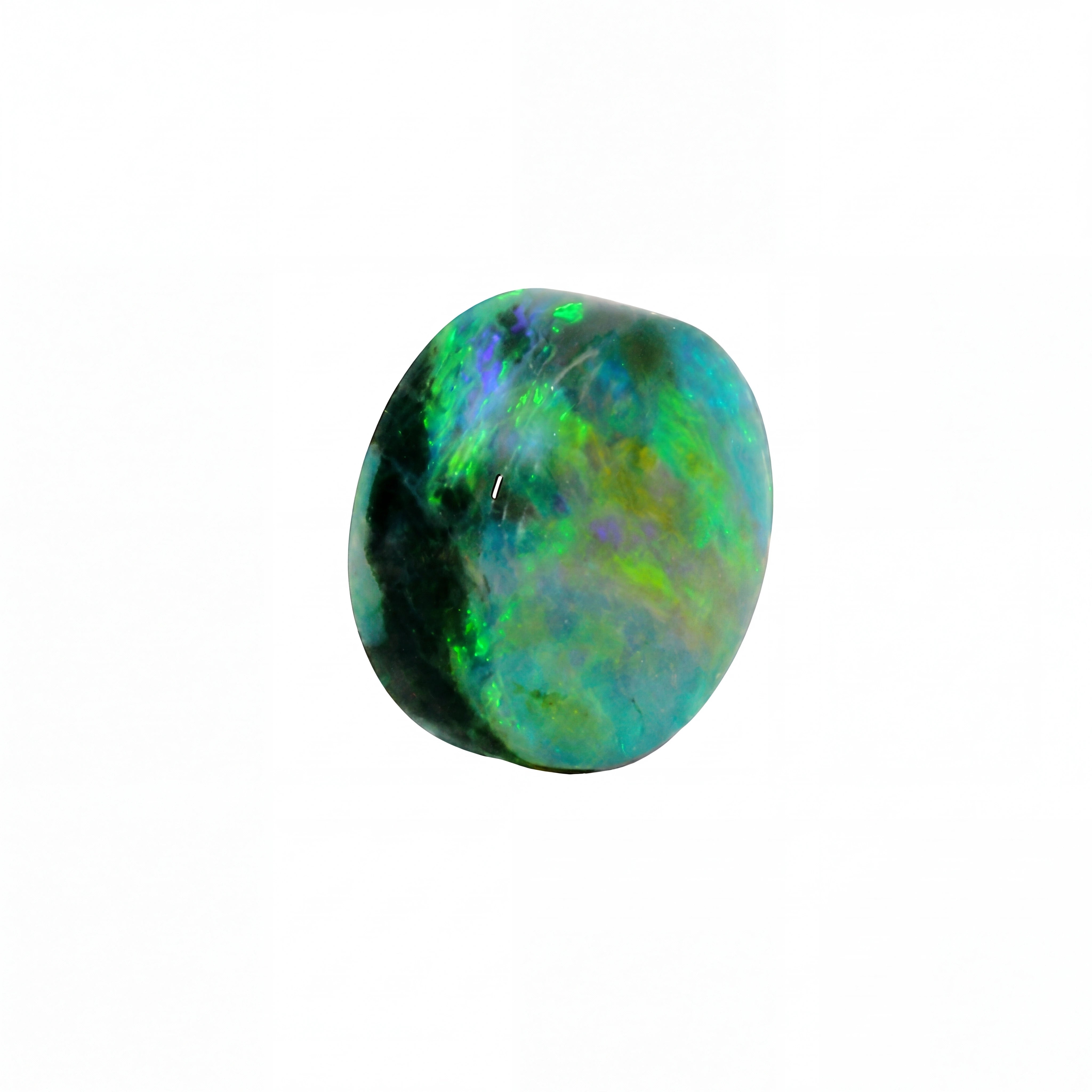 A polished cabochon opal gemstone displaying vibrant iridescent colours of green, blue, and black on a solid white background.