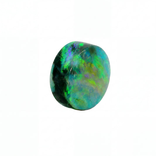 A polished cabochon opal gemstone displaying vibrant iridescent colours of green, blue, and black on a solid white background.