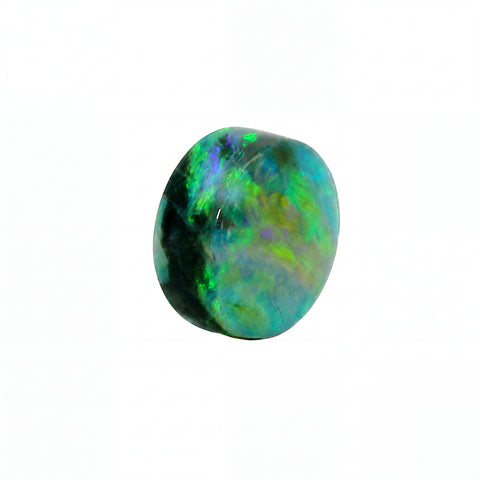 A polished cabochon opal gemstone displaying vibrant iridescent colours of green, blue, and black on a solid white background.