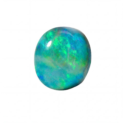 A polished oval cabochon gemstone showing vibrant iridescent play-of-colour with blue, green, and white hues, isolated on a solid white background.