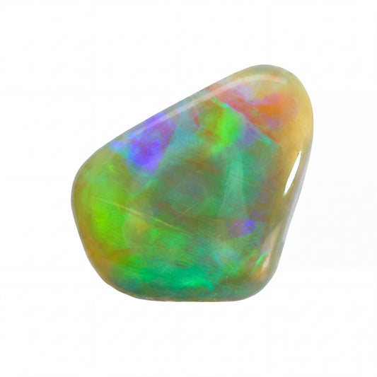 A polished tumbled opal stone with a teardrop shape, displaying a vibrant play-of-colour with green, blue, purple, orange, and yellow iridescence on a solid white background.
