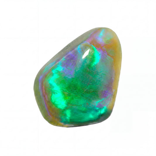 A polished tumbled iridescent opal stone with vibrant green, blue, purple, and gold hues, isolated on a solid white background.