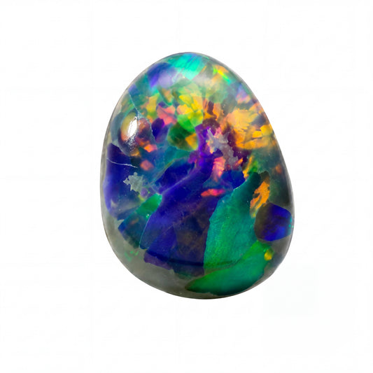 A polished oval opal gemstone displaying a vibrant play-of-colour with blue, green, purple, yellow, and orange inclusions, set against a plain white background.