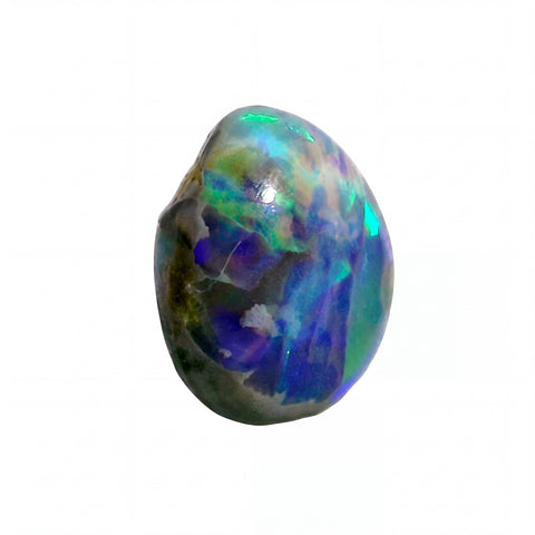 A polished natural opal gemstone with vibrant iridescent colours including blue, green, purple, and orange, set against a plain white background.