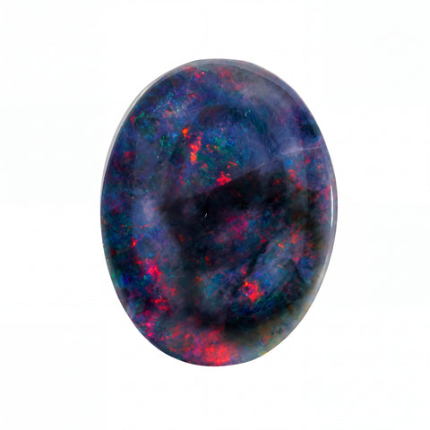 A polished oval cabochon gemstone featuring a vibrant opal pattern with swirling shades of blue, red, purple, and black, set against a plain white background.