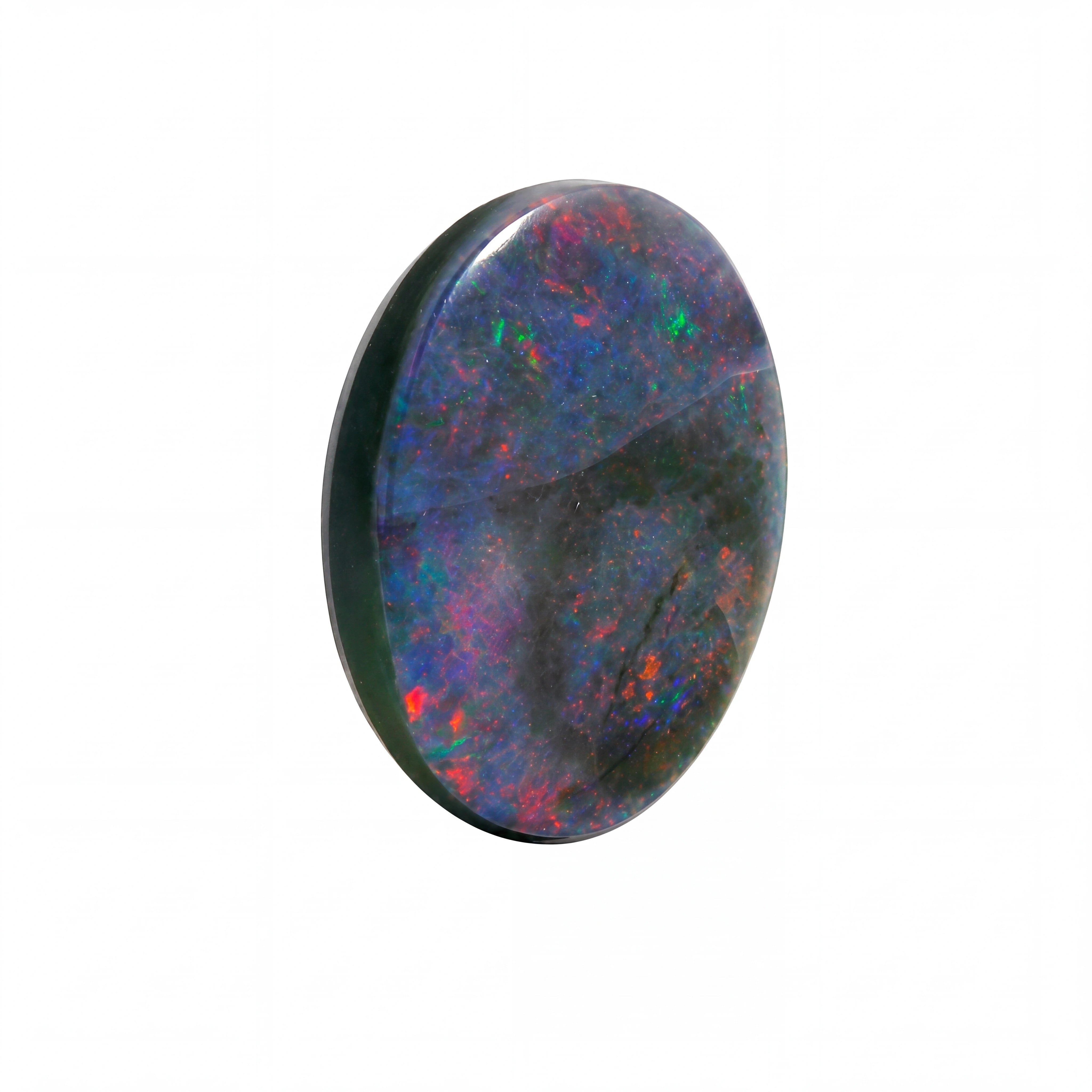 A polished oval cabochon gemstone with a dark base and vibrant iridescent play-of-colour including blue, red, green, and purple, shown on a plain white background.