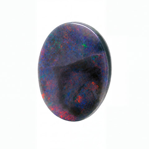 A polished oval cabochon gemstone featuring a black base with vibrant iridescent flashes of blue, green, and red, set against a plain white background.