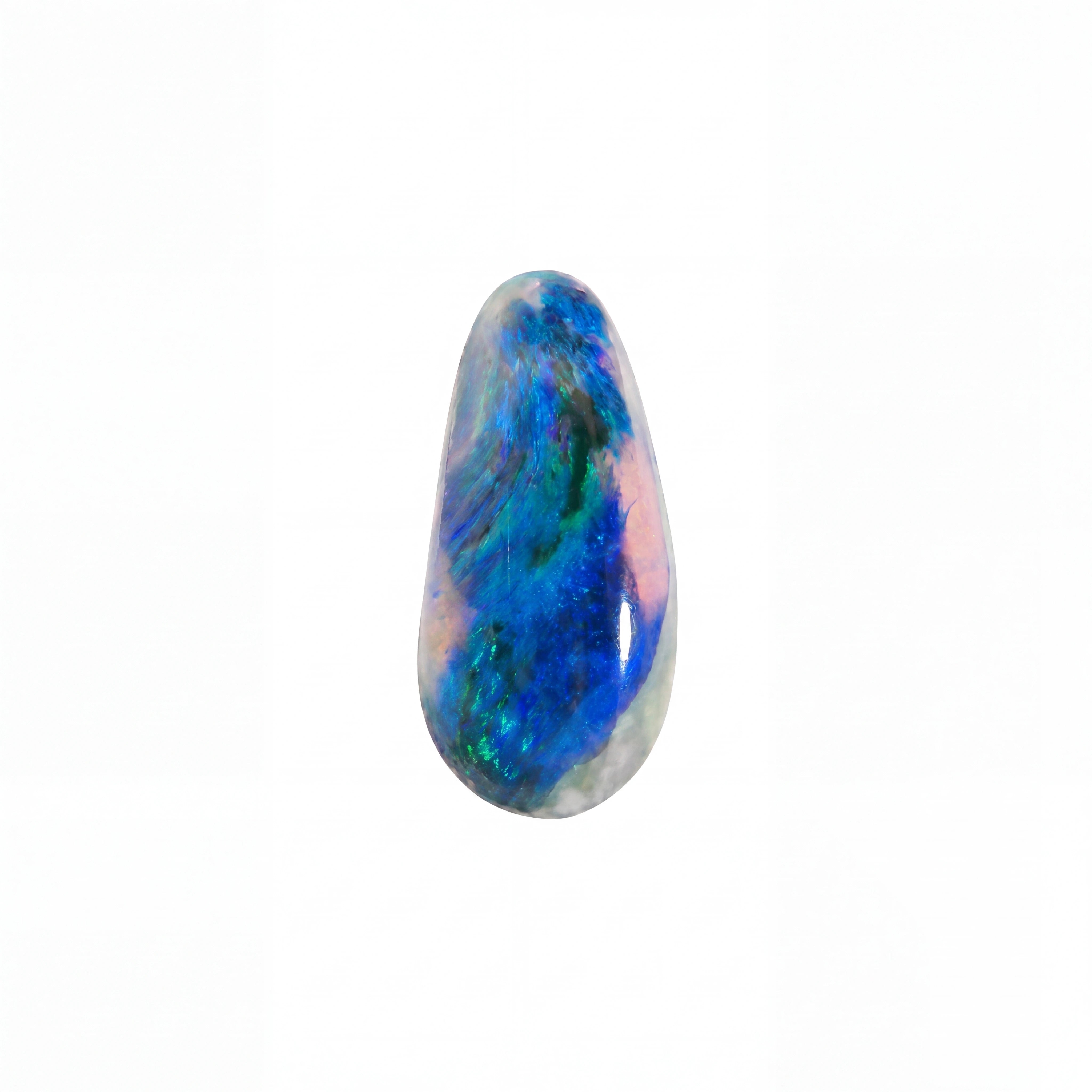 A teardrop-shaped polished opal gemstone with vibrant blue, green, and pink iridescent play-of-colour on a white background.