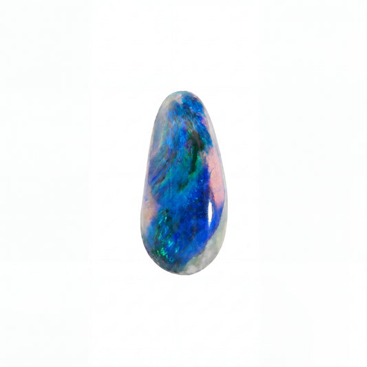 A teardrop-shaped polished opal gemstone with vibrant blue, green, and pink iridescent play-of-colour on a white background.