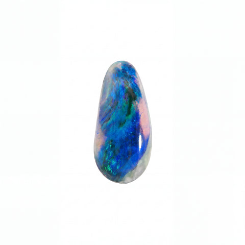 A teardrop-shaped polished opal gemstone with vibrant blue, green, and pink iridescent play-of-colour on a white background.