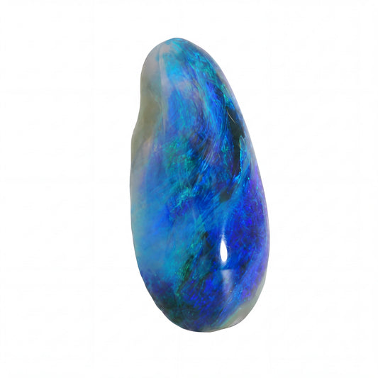 A polished teardrop-shaped opal stone with vibrant blue, green, and purple iridescent play-of-colour, shown on a solid white background.