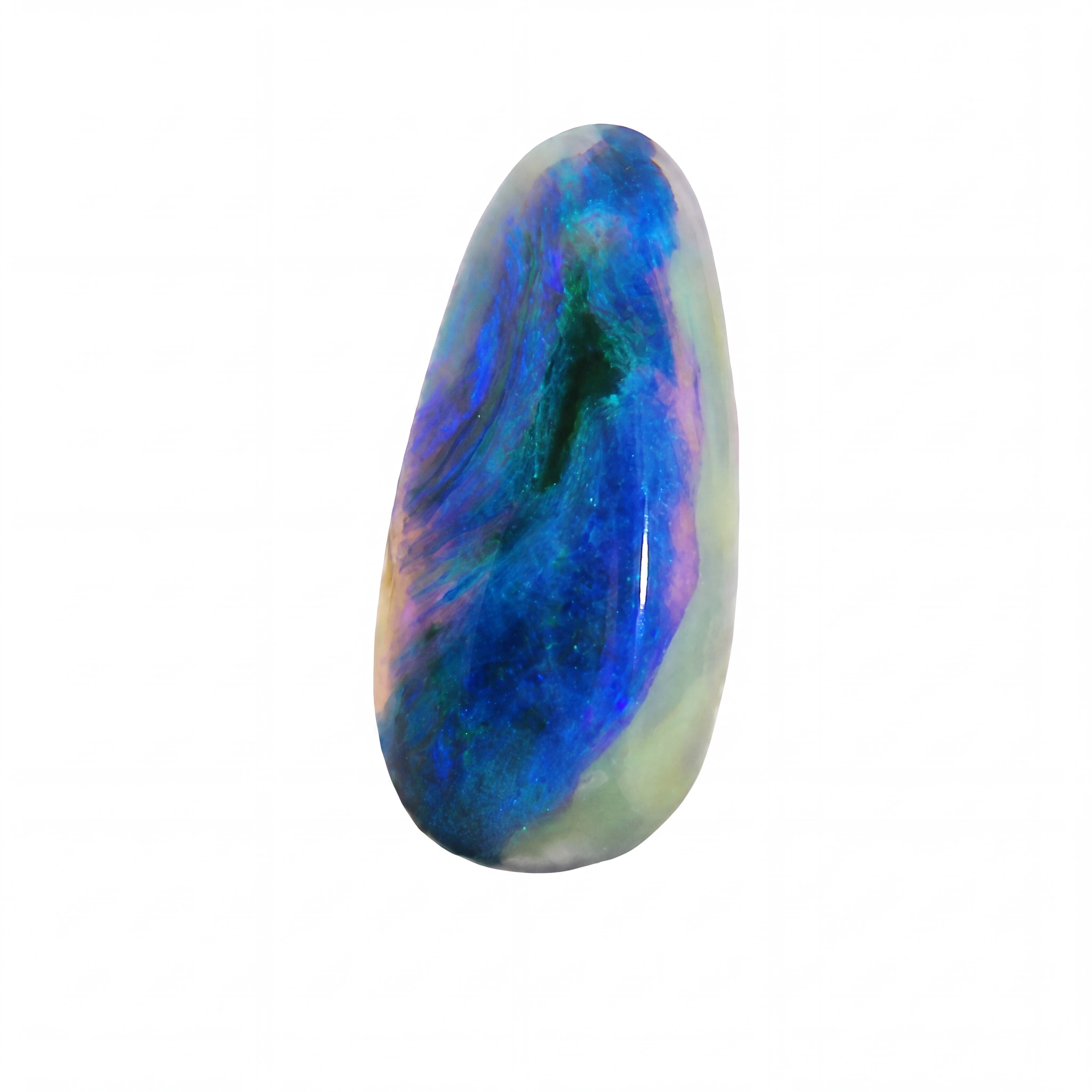 A polished teardrop-shaped cabochon gemstone featuring a marbled pattern of vibrant blue, green, purple, and cream, set against a plain white background.