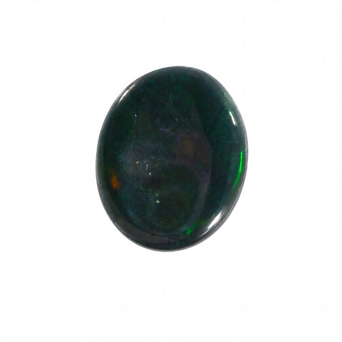 A polished oval cabochon gemstone with a dark green and black base and vibrant iridescent flashes of blue, green, and orange, shown on a plain white background.