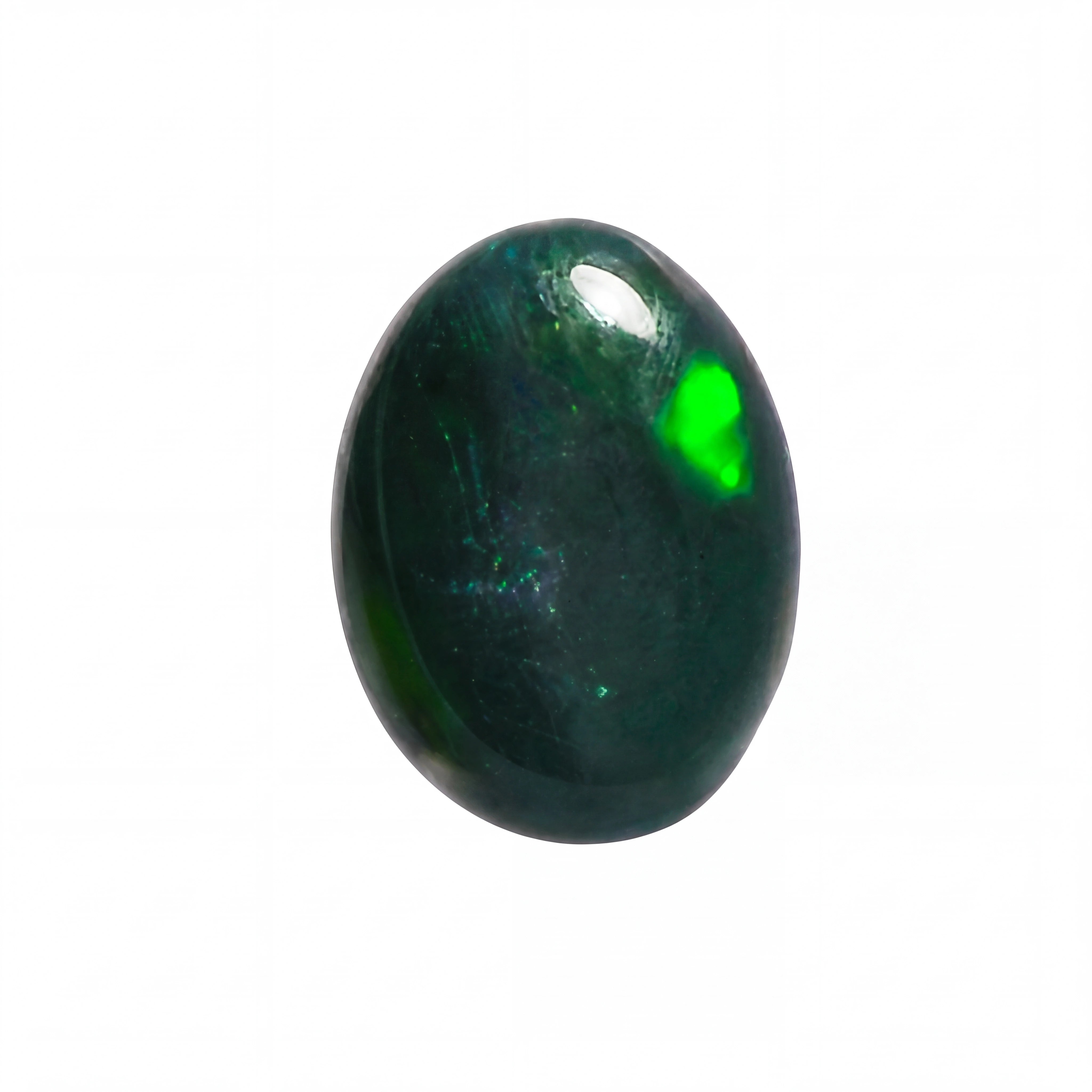 A polished oval cabochon gemstone with a deep dark green body and a vibrant neon green flash, shown on a solid white background.