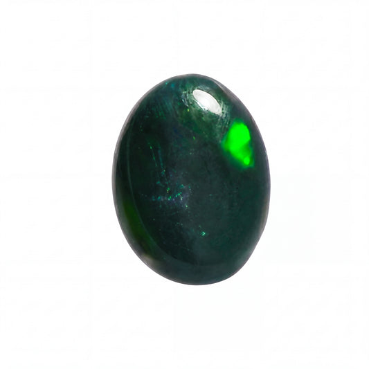 A polished oval cabochon gemstone with a deep dark green body and a vibrant neon green flash, shown on a solid white background.